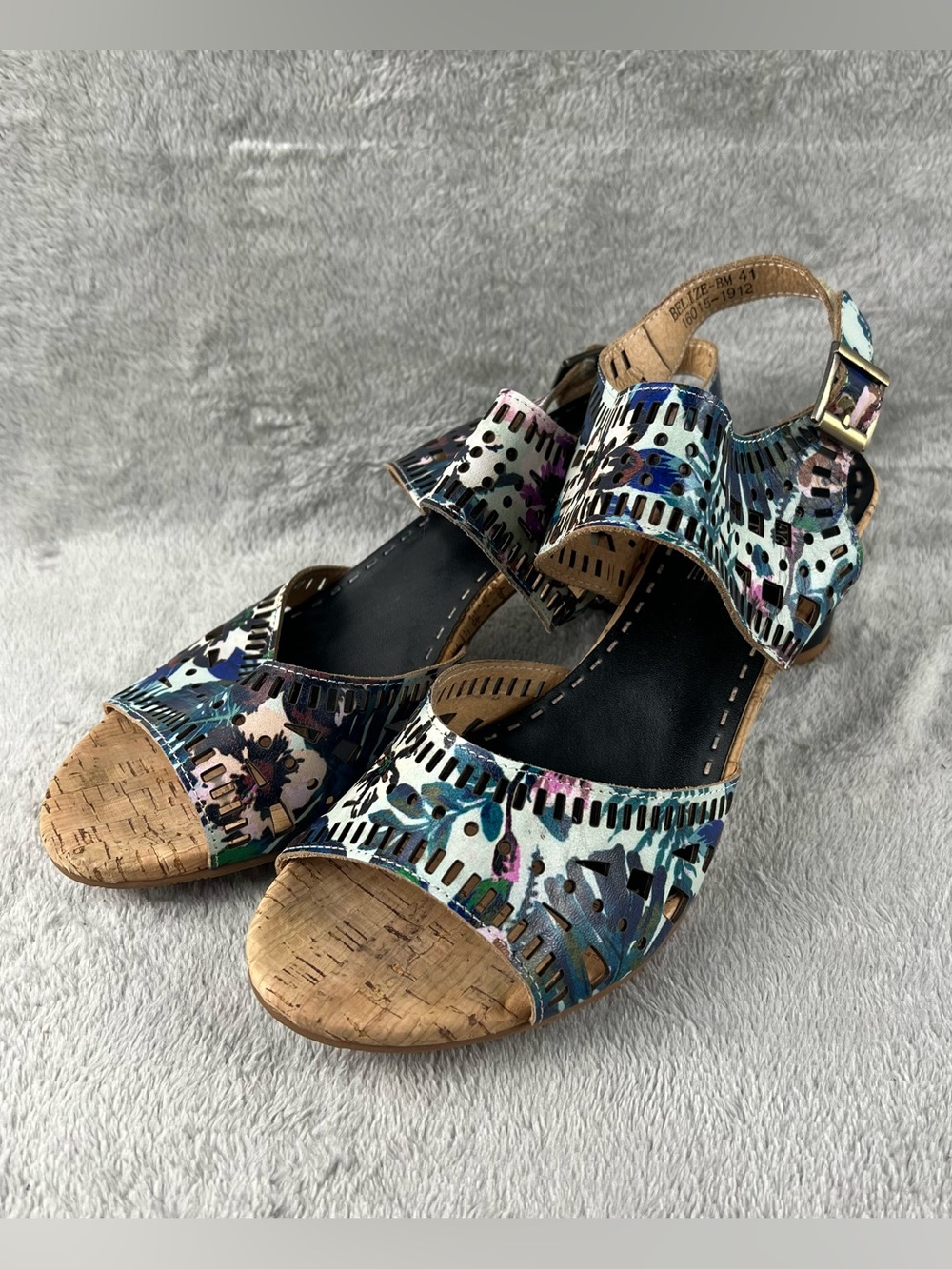 L'Artiste Haverb Navy Blue Floral Multi Stack Heel Sandals Shoes EU 41 US 9.5 10